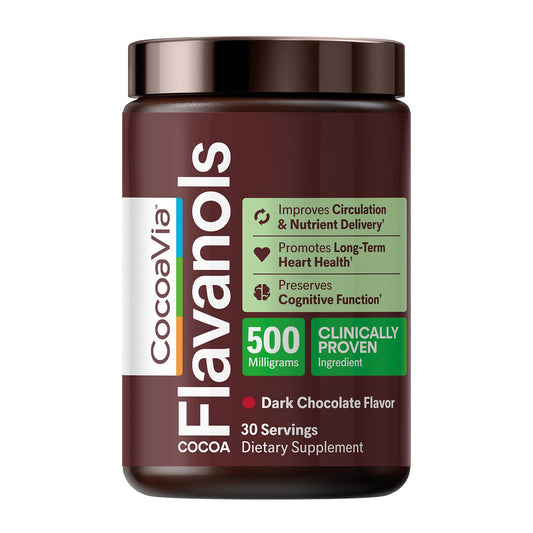 CocoaVia Cardio Health Powder bottle with scoop for daily heart-friendly nutrition.