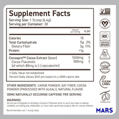 CocoaVia Cardio Health Powder beside dumbbells suggesting nitric oxide support for workouts.