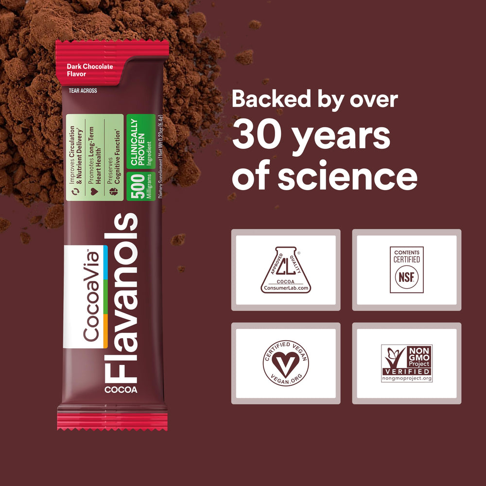 CocoVia Cocoa Flavanols 500mg support cardiovascular function and energy.