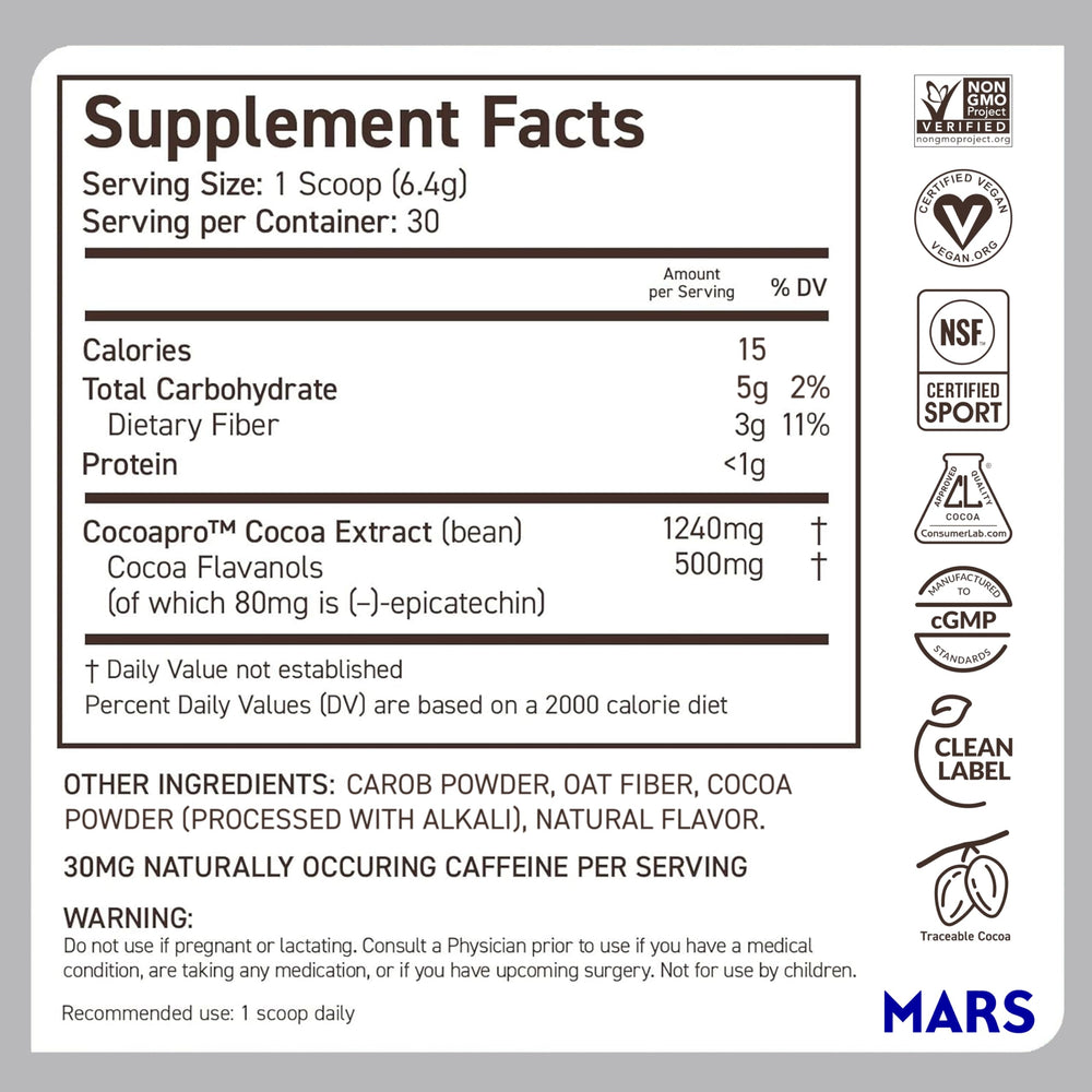 CocoaVia label closeup highlighting 500 mg cocoa flavanols per serving.