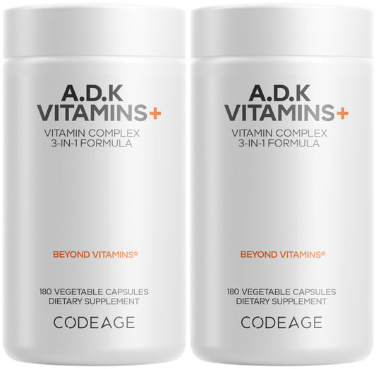 Codeage ADK vitamins bottle front for convenient daily fat-soluble vitamin intake.