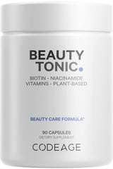 Codeage Beauty Tonic bottle front showing vegan hair, skin, and nails support