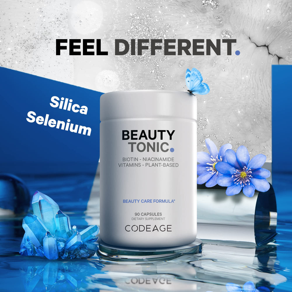 Codeage Beauty Tonic capsules closeup highlighting vegan supplement