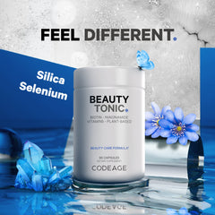 Codeage Beauty Tonic capsules closeup highlighting vegan supplement