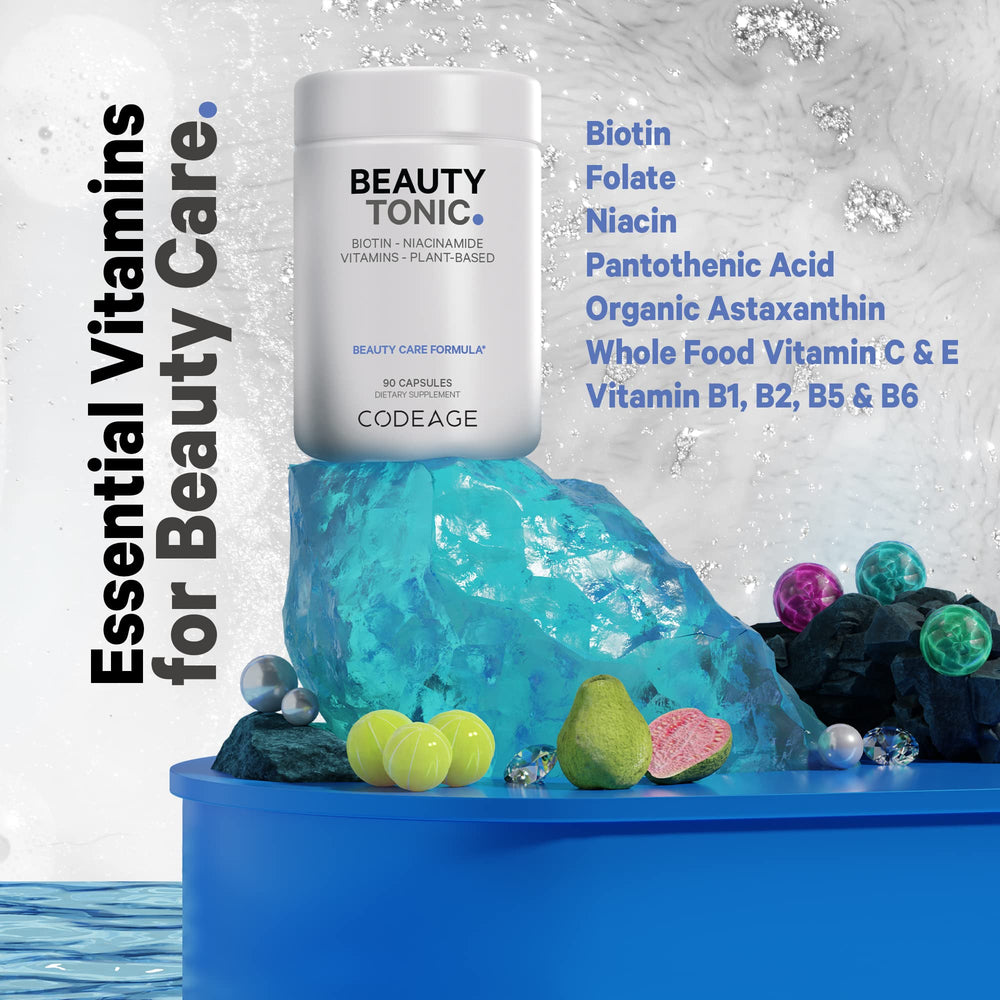 Codeage Beauty Tonic label detail with biotin and organic blend