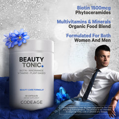 Codeage Beauty Tonic package in hand for travel-friendly 90-count bottle