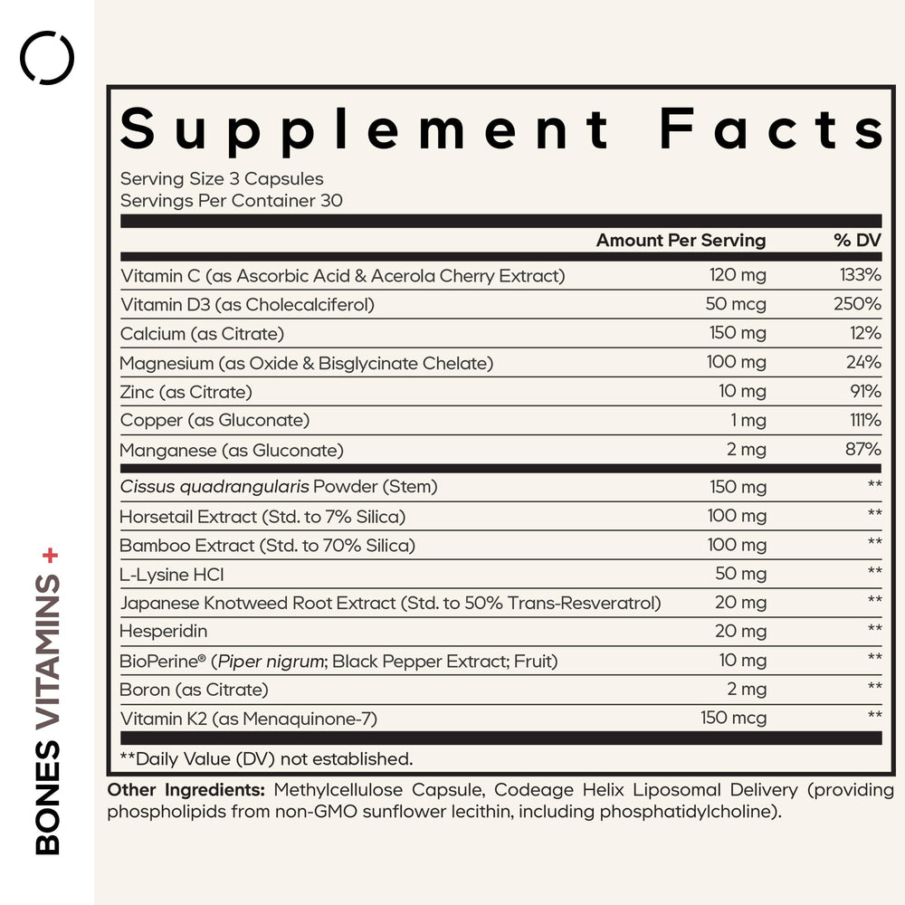 Codeage Bones Vitamins+ label close-up highlighting D3 and K2.