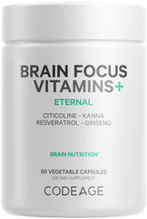 Codeage Brain Focus bottle with capsules for daily cognitive support.