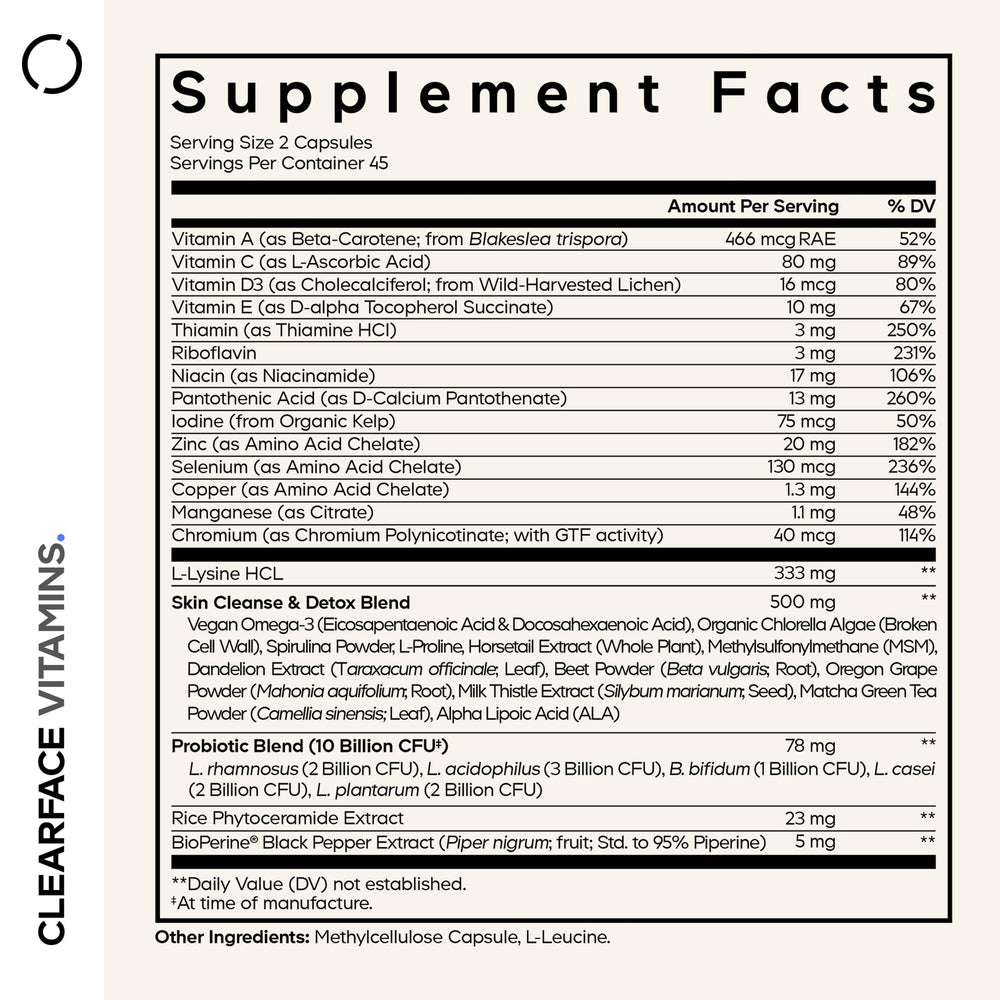 Codeage Clearface capsules close-up, showing broad vitamin and mineral support.
