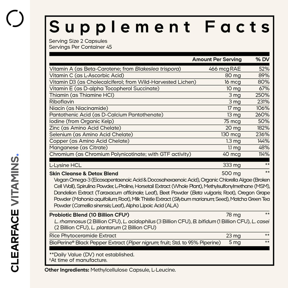 Codeage Clearface capsules closeup highlight convenient daily skin vitamins.