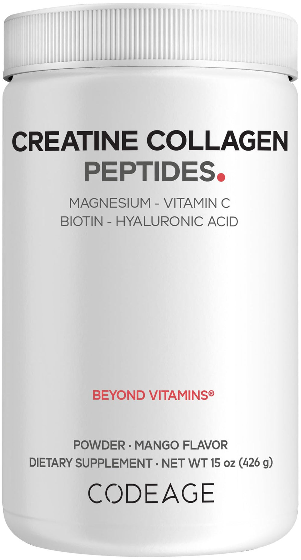 Codeage Creatine Collagen Peptides bottle for convenient daily mango supplementation.