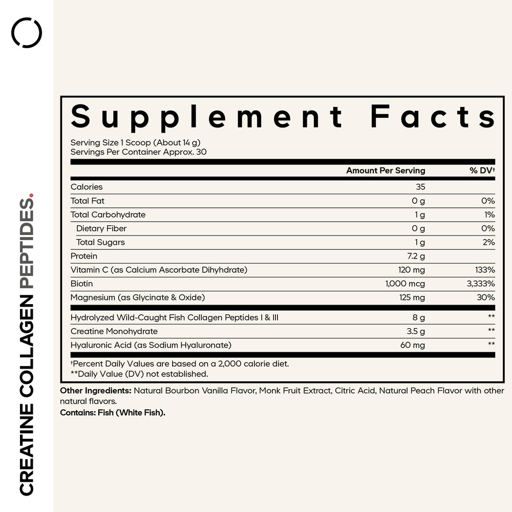 Codeage Creatine Collagen Peptides scoop beside powder for easy serving.