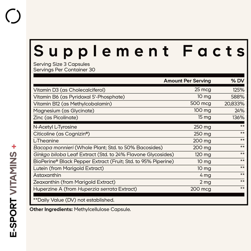 Close-up of Codeage E-Sport Capsules showing premium ingredients for cognitive support.