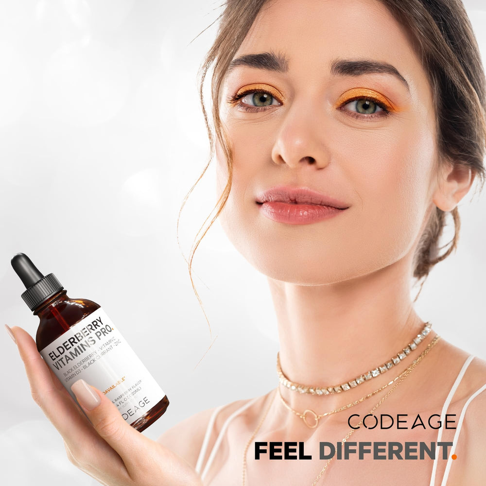 Codeage Elderberry Vitamins Pro product display with dropper in use