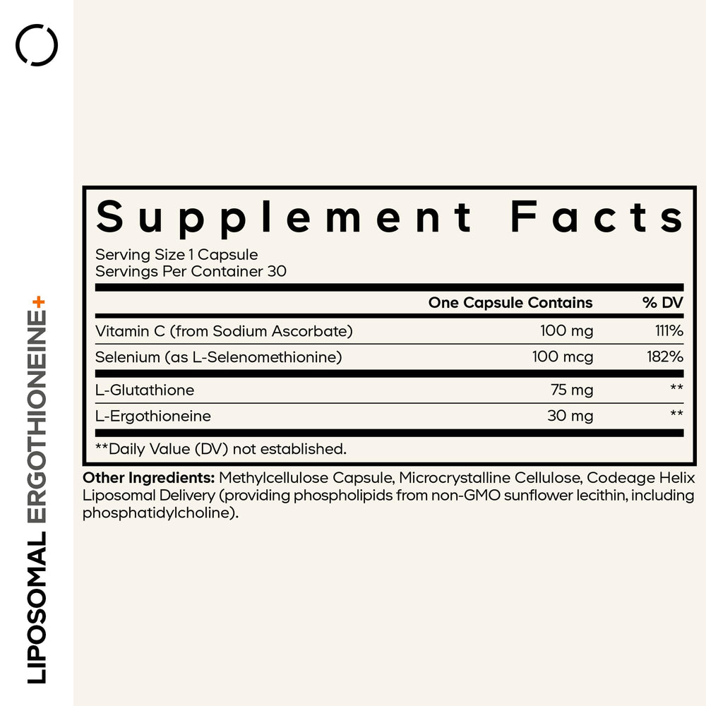 Codeage Liposomal Ergothioneine+ bottle label shows ingredients and usage guidance.