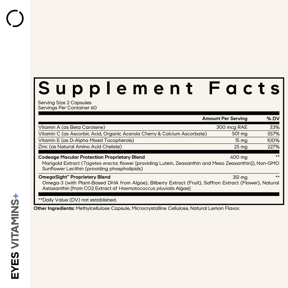 Codeage Eyes capsules close-up highlighting AREDS 2 nutrients.