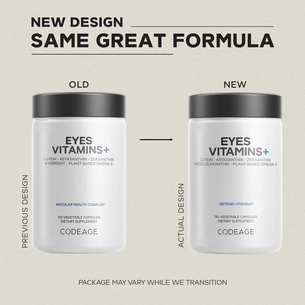 Codeage Eyes label detail shows lutein, zeaxanthin, and omega-3.