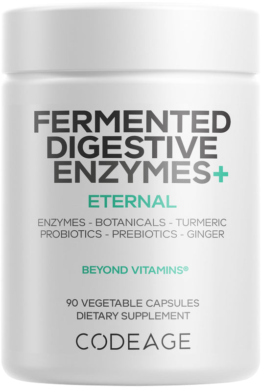 Codeage Fermented Digestive Enzymes bottle showcases a complete enzyme blend for daily digestion support.