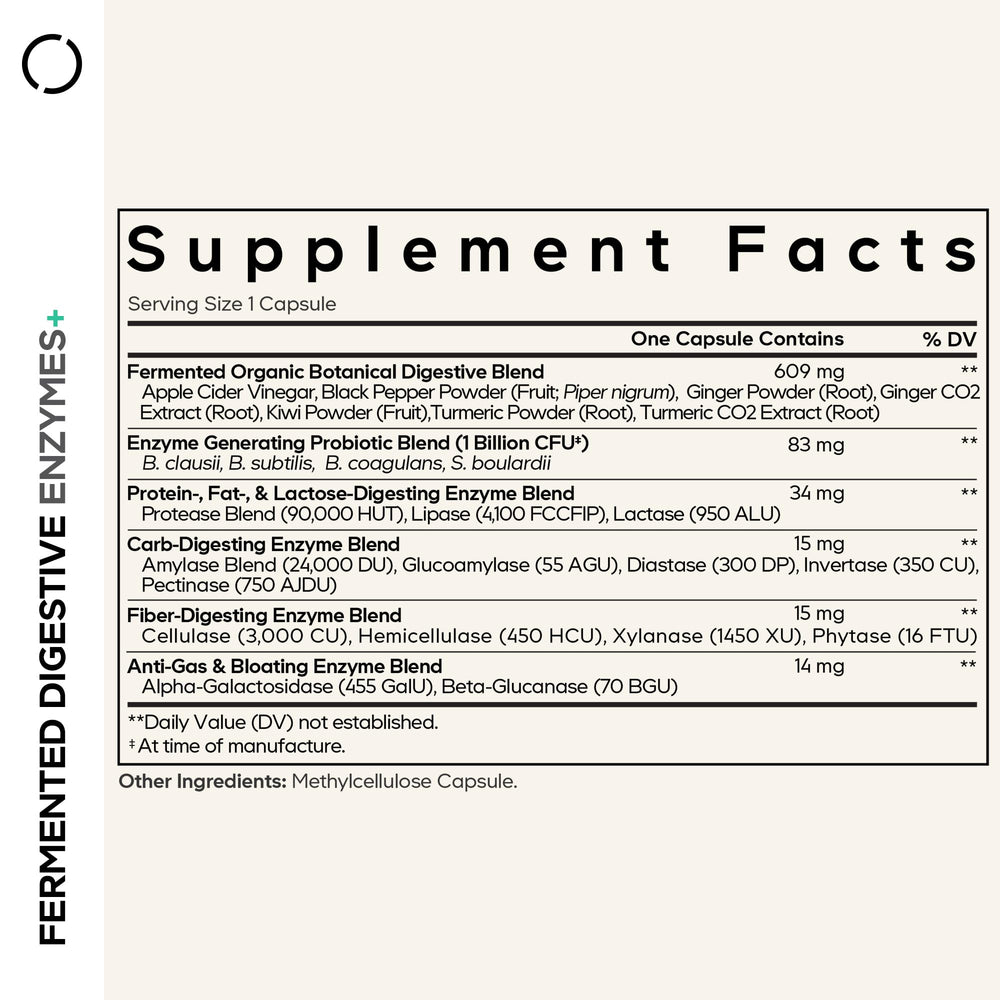 Codeage Fermented Digestive Enzymes capsules closeup highlighting plant-based enzymes for meals.
