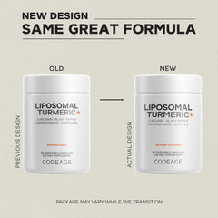 Codeage fermented turmeric capsules close-up with liposomal delivery concept for absorption.