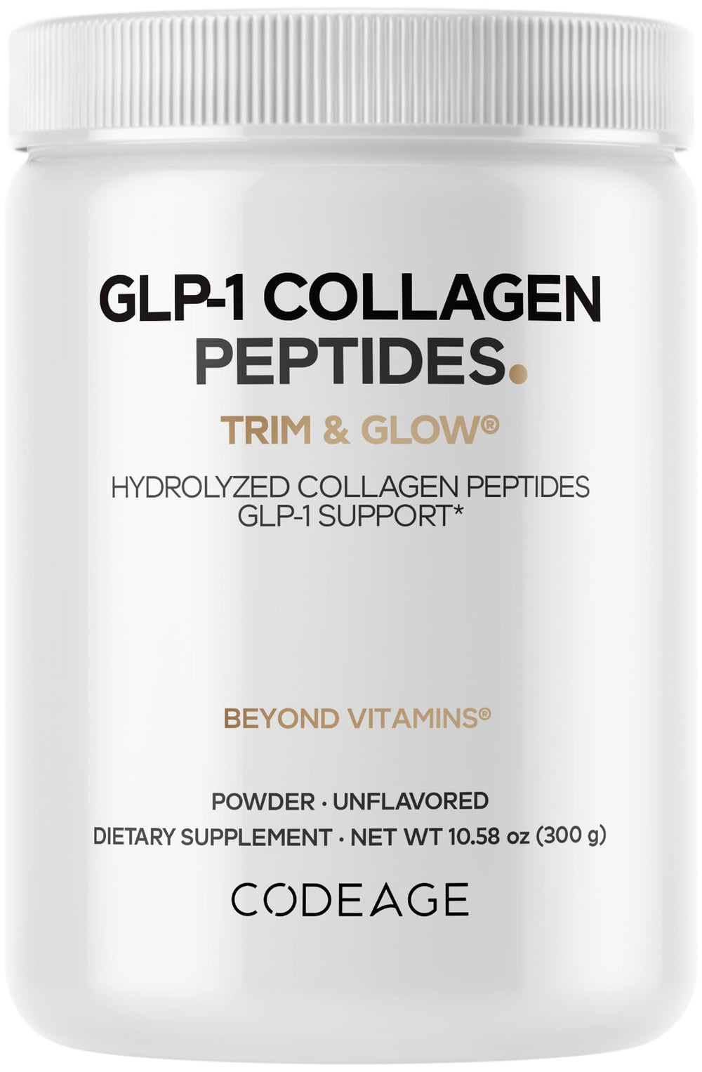 Codeage GLP-1 Collagen Powder bottle featuring grass-fed collagen for daily use.