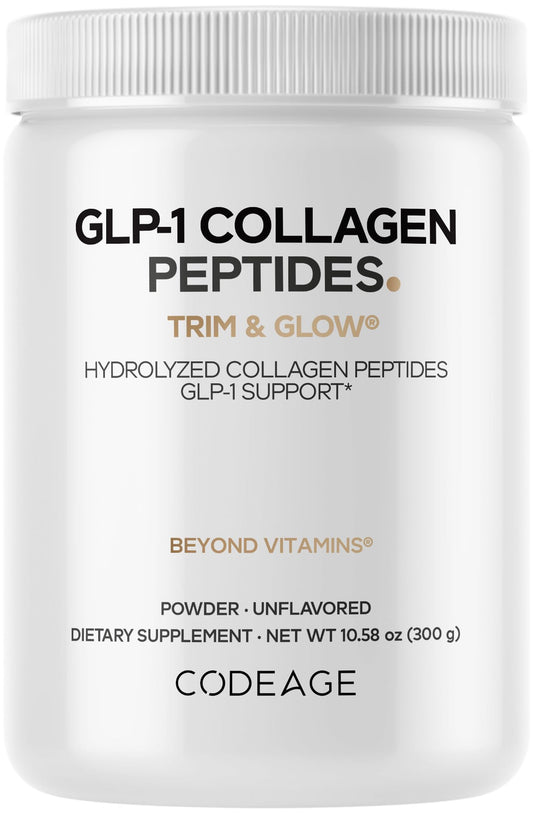Codeage GLP-1 Collagen Powder bottle featuring grass-fed collagen for daily use.