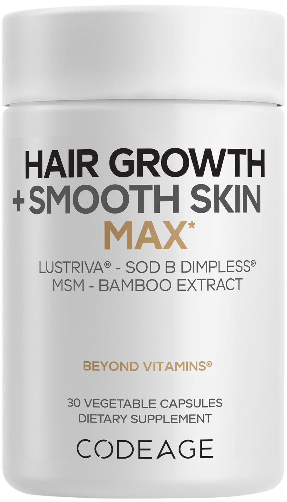 Codeage Hair Growth + Smooth Skin Max bottle highlights Lustriva complex for fuller-looking hair