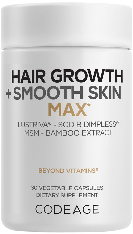 Codeage Hair Growth + Smooth Skin Max bottle highlights Lustriva complex for fuller-looking hair