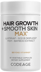 Codeage Hair Growth + Smooth Skin Max bottle highlights Lustriva complex for fuller-looking hair