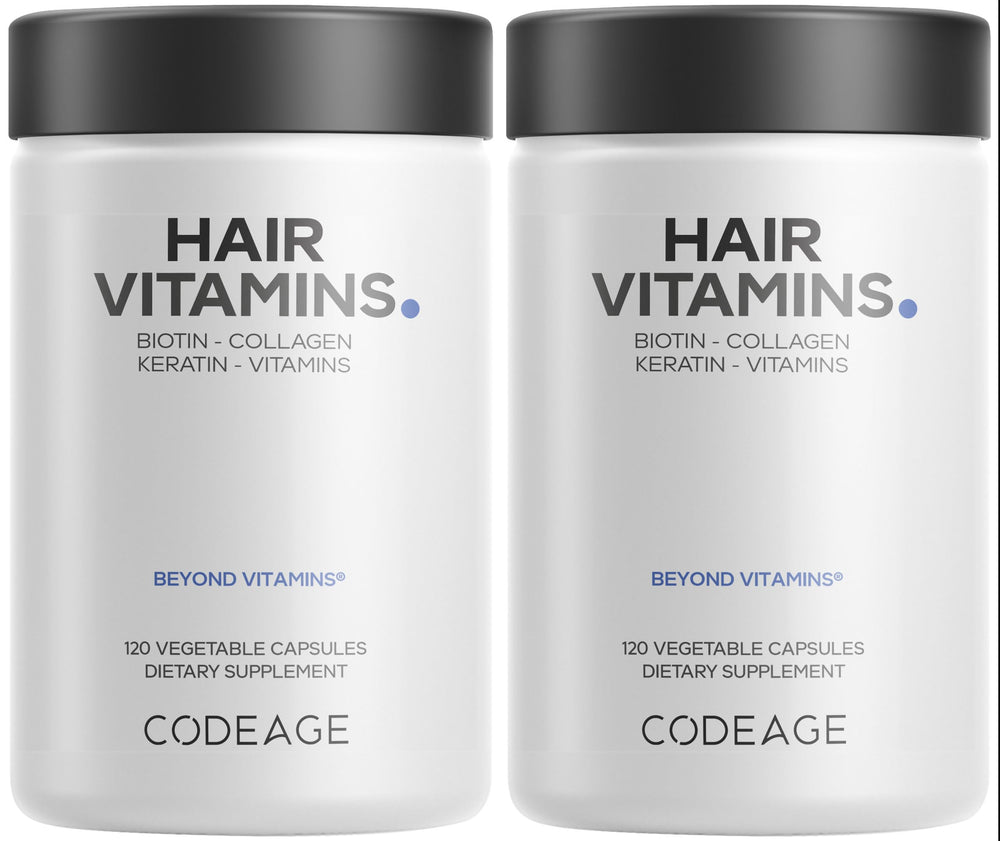 Codeage Hair Vitamins bottle highlighting 10k mcg biotin for hair support