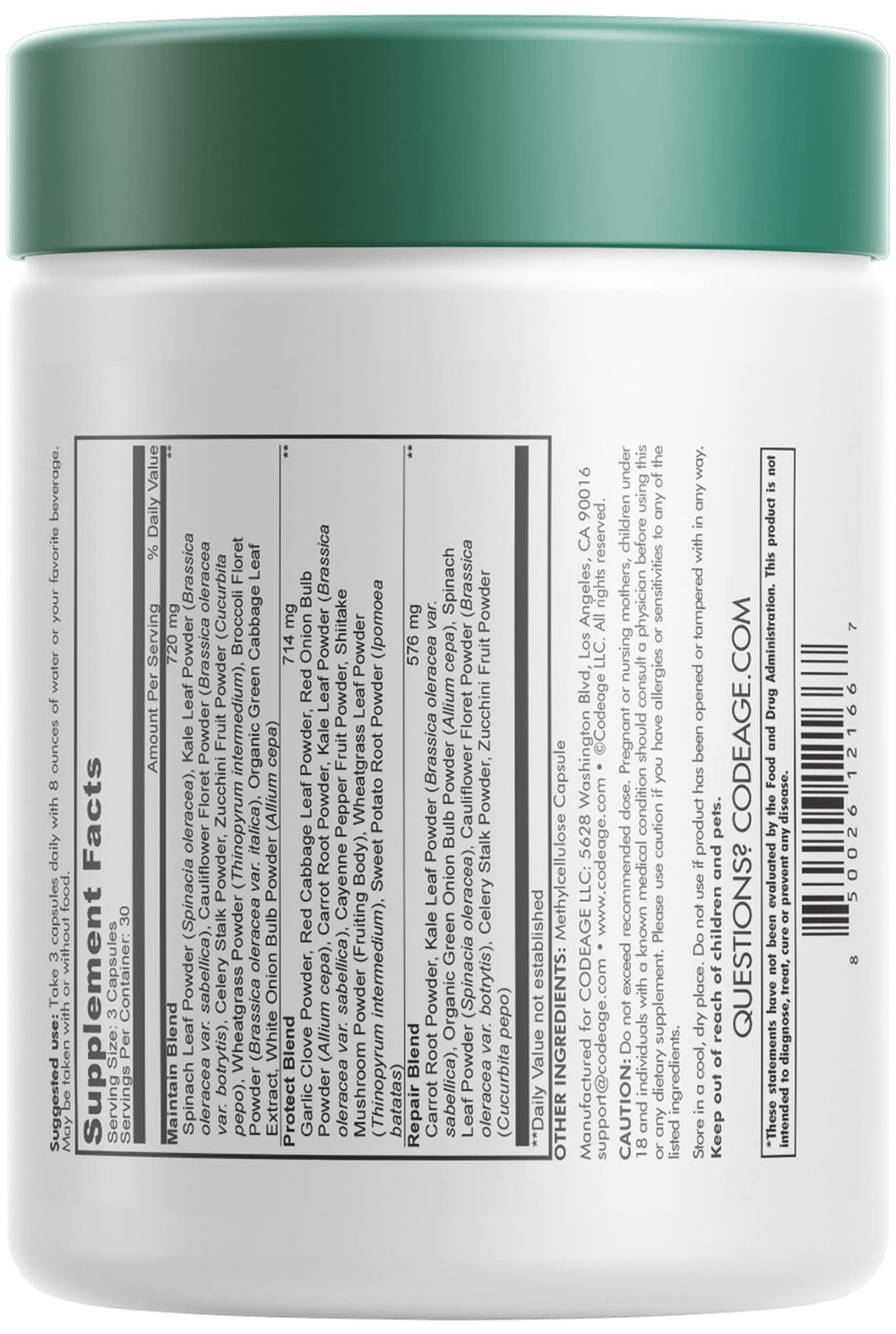 Codeage Instantfood Easy Veggies green superfood ingredients label highlights greens