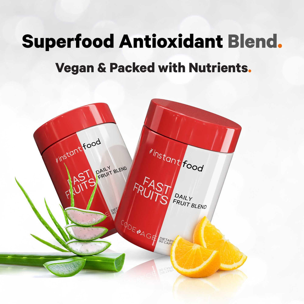 Codeage Instantfood Fast Fruits real fruit powders image showcases polyphenols and flavonoids.