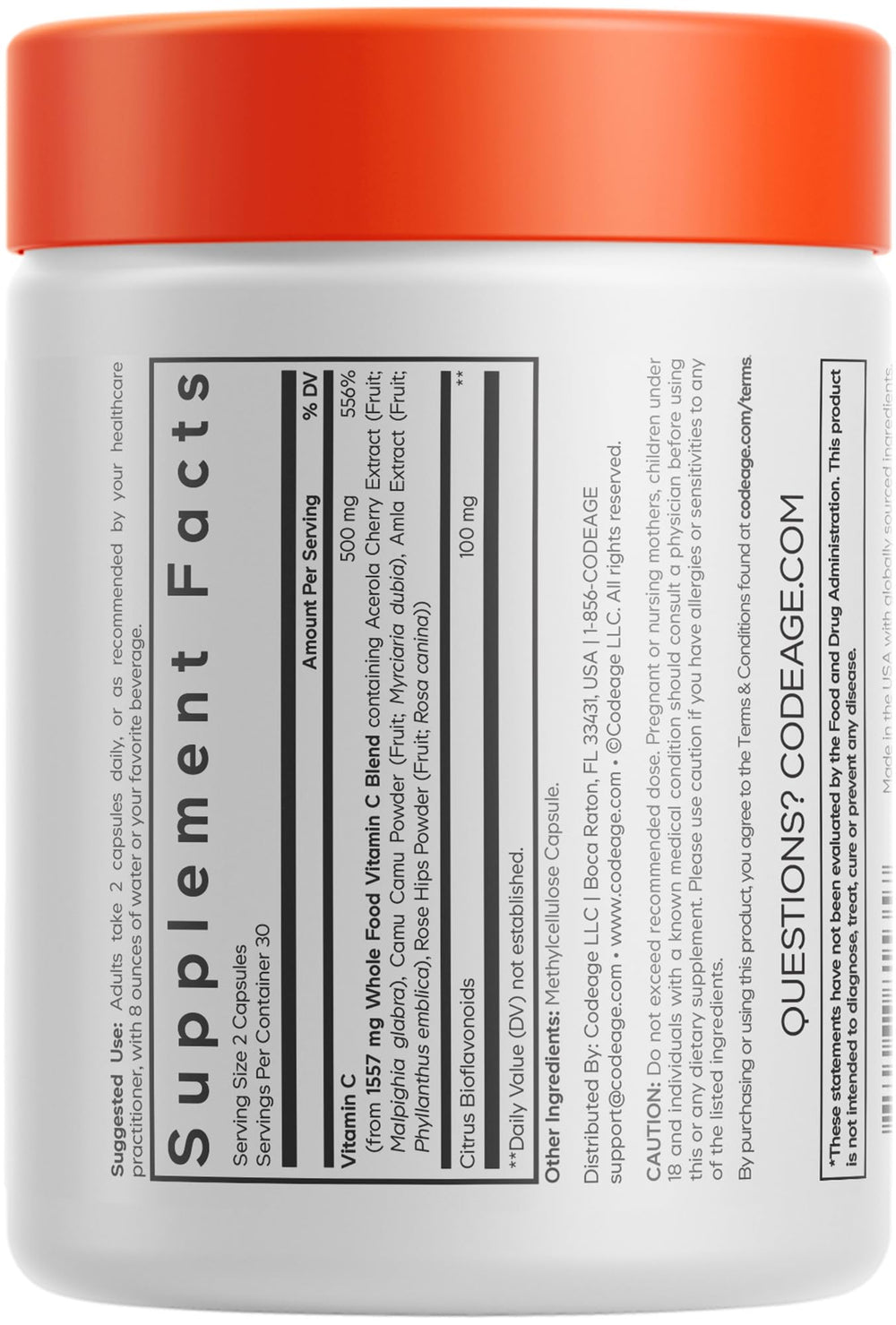 Codeage Vitamin C ingredients highlighting acerola, camu camu, amla, and rose hips