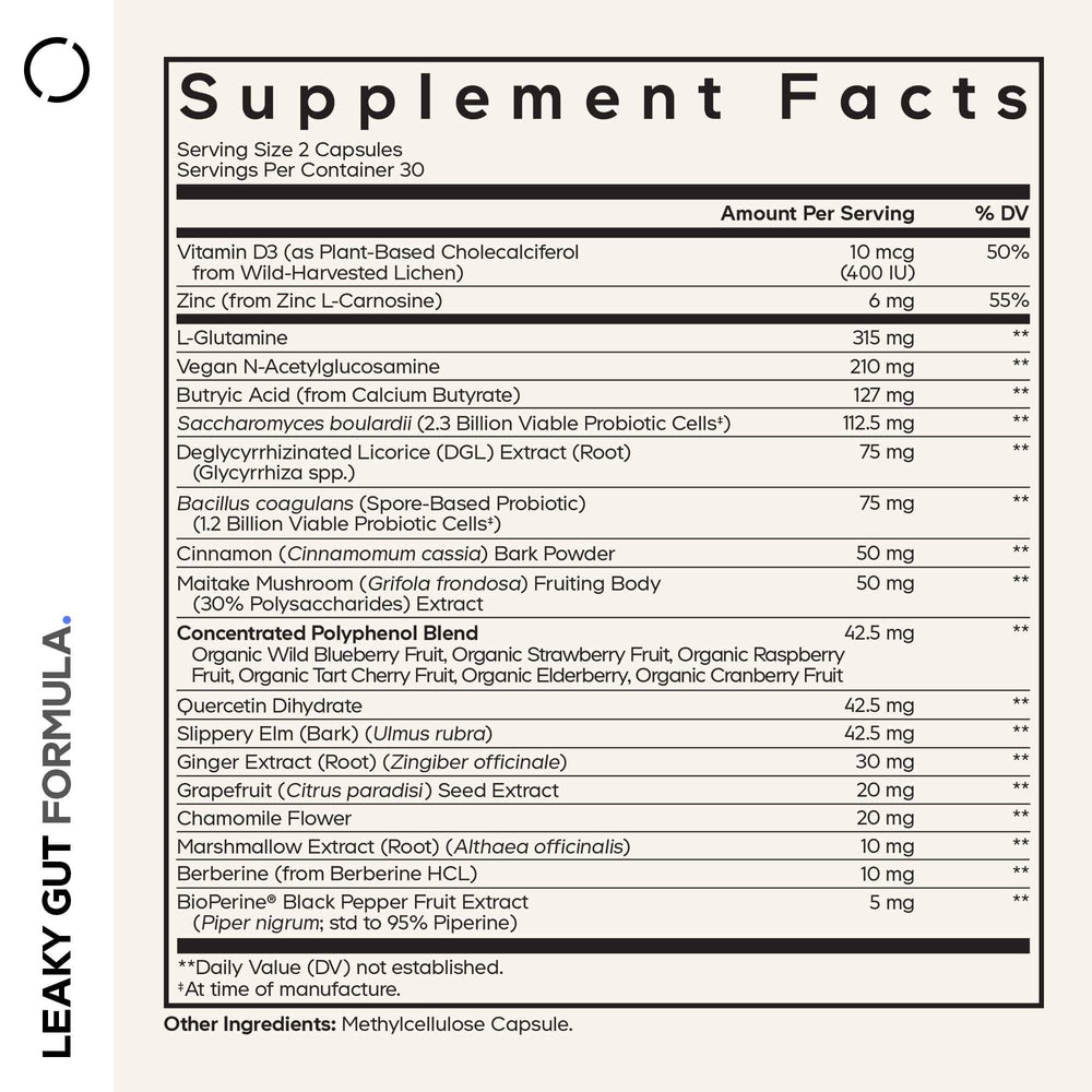 Codeage Leaky Gut bottle label close-up highlighting vegan and non-GMO claims.