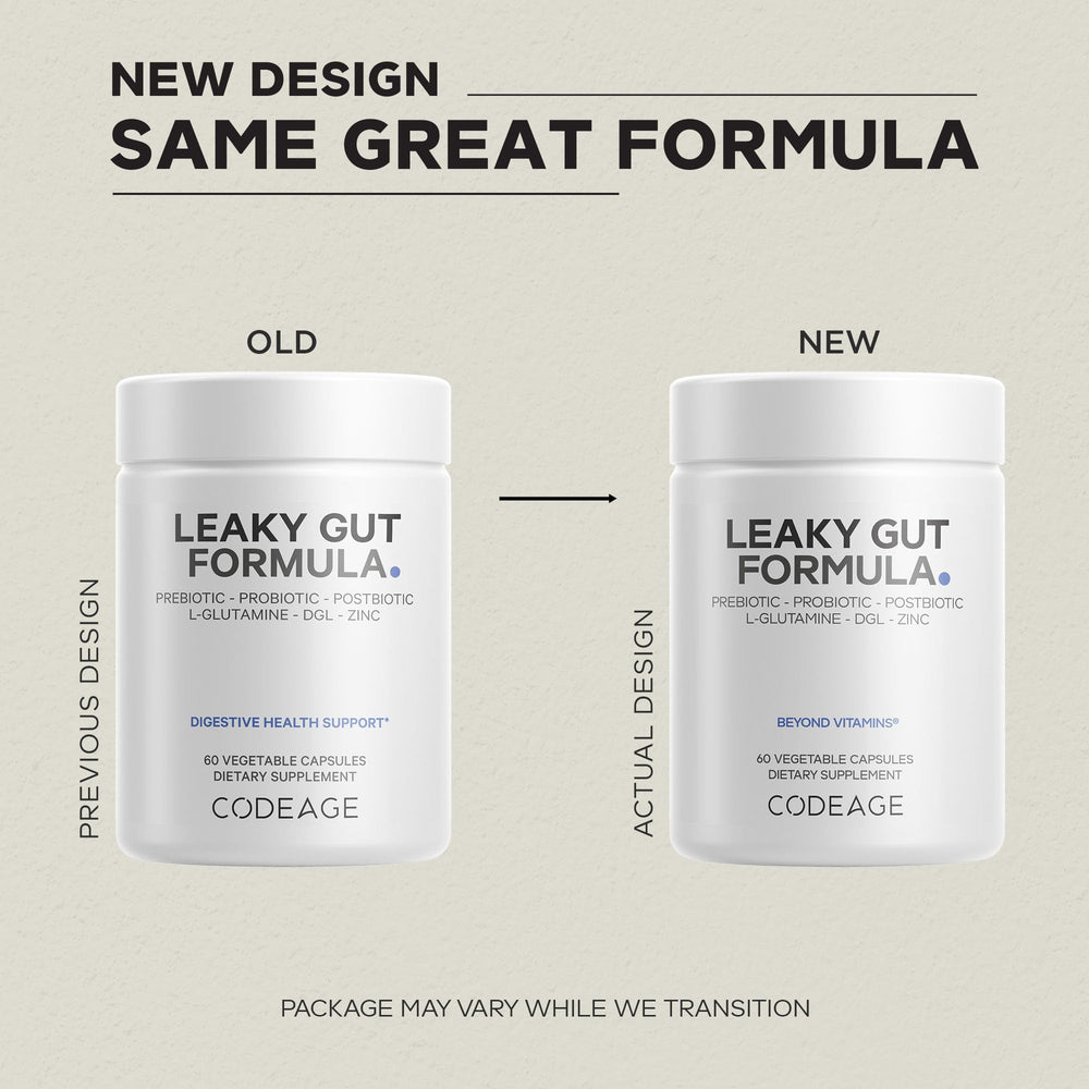Codeage Leaky Gut capsules close-up showing smooth coating for easy swallowing.