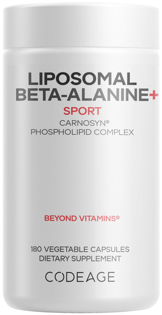 Codeage Liposomal Beta-Alanine bottle front view highlighting premium packaging for easy dosing.