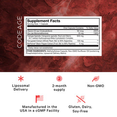 Codeage capsules close-up highlighting 600mg per serving and liposomal delivery