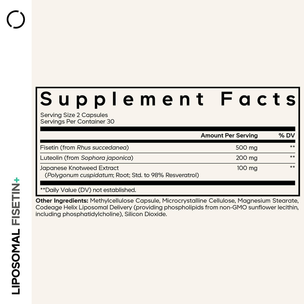Close-up of Codeage fisetin capsules emphasizing vegan non-GMO formulation