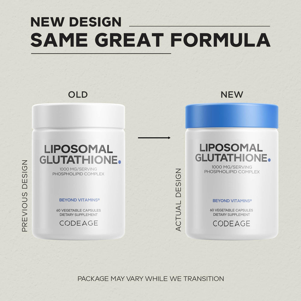 Codeage liposomal glutathione 1000 mg bottle with phospholipid complex demonstrates purity and vegan formulation.