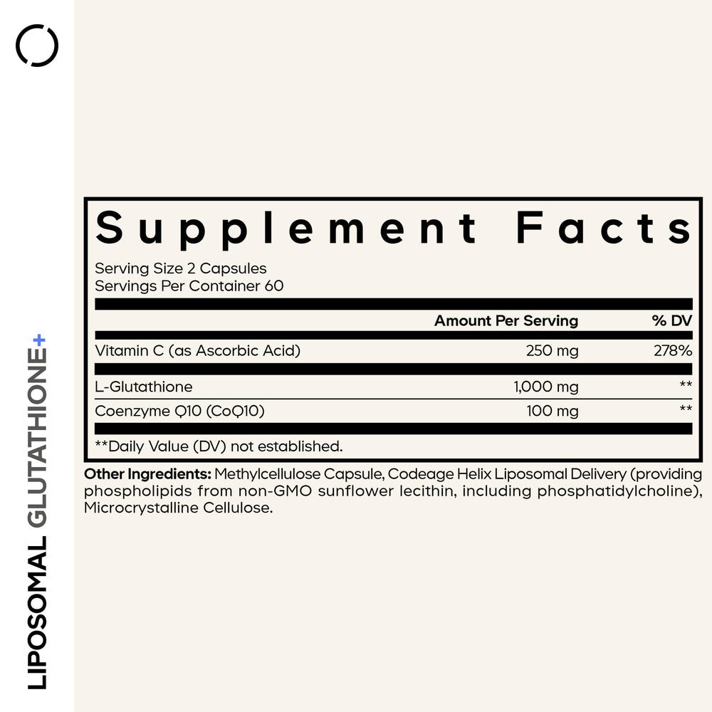 Codeage Liposomal Glutathione+ bottle back with allergen-free formula details for sensitive users.