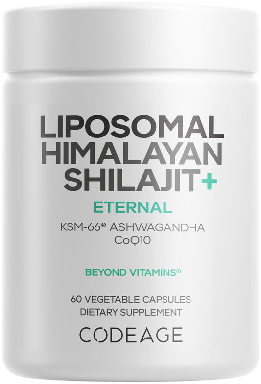 Codeage Liposomal Himalayan Shilajit bottle highlights convenient daily vitality with liposomal delivery.