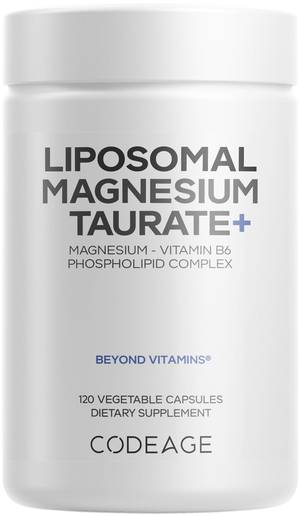 Codeage Liposomal Magnesium Taurate bottle promotes daily wellness with convenient capsules.