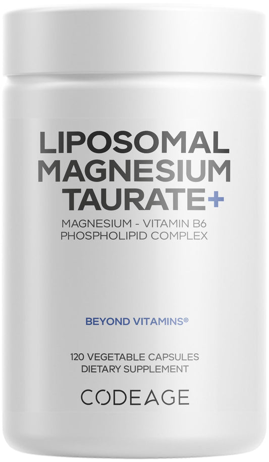 Codeage Liposomal Magnesium Taurate bottle promotes daily wellness with convenient capsules.