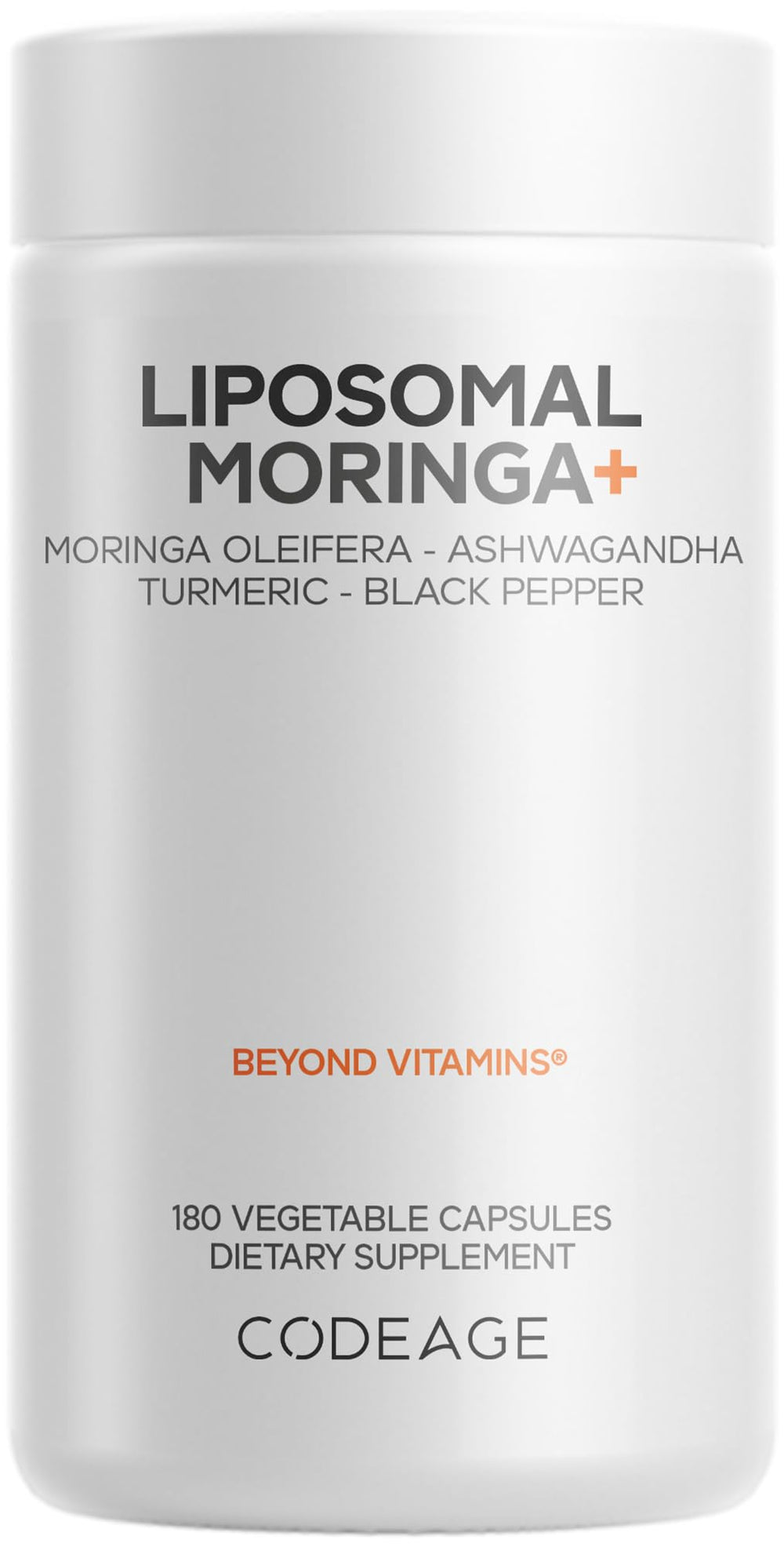 Codeage Liposomal Moringa+ bottle front for daily vegan wellness.