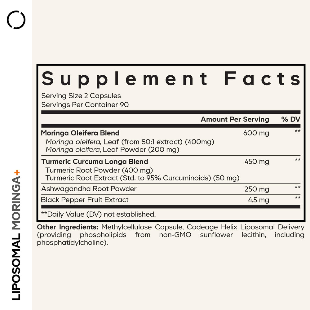 Codeage Liposomal Moringa+ capsules closeup showing convenient capsules.
