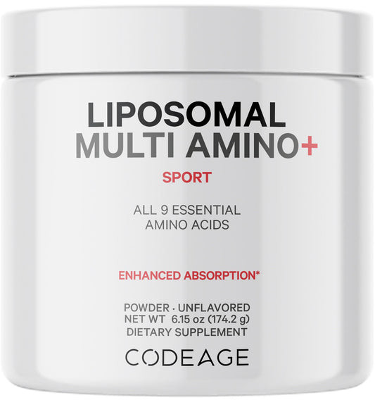 Codeage Liposomal Multi Amino+ bottle supports daily essential amino intake.