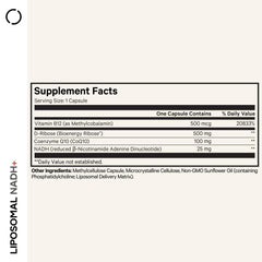 Codeage Liposomal NADH+ bottle back shows ingredients and purity details.