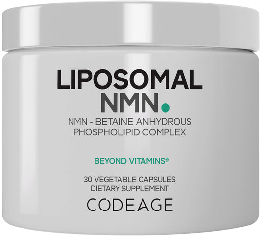 Codeage Liposomal NMN-TMG bottle on display, highlighting potential NAD+ support.