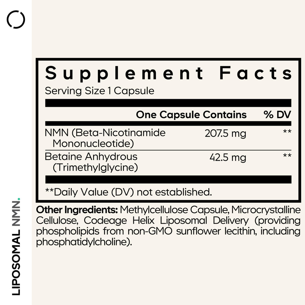 Codeage Liposomal NMN-TMG capsules close-up, suggesting convenient daily dose.