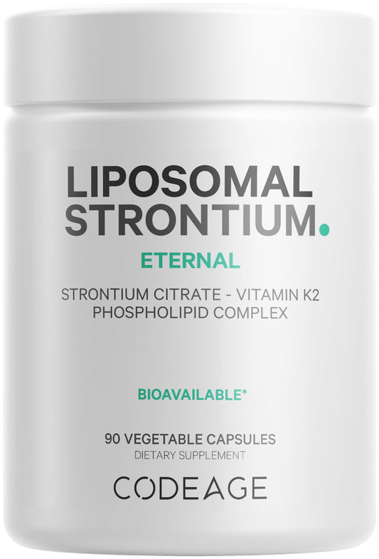 Codeage Liposomal Strontium capsules close-up, liposomal delivery for enhanced absorption.